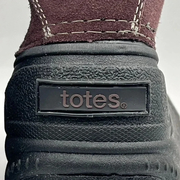 Totes Mens 9M Burgundy & Black Leather Snow Boots Rubber Soles Waterproof Shell - Picture 9 of 14